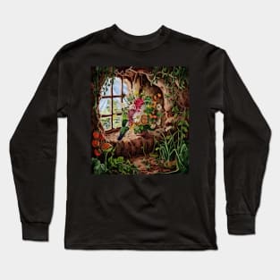 watercolor hummingbird with garden and mixed flowers Long Sleeve T-Shirt